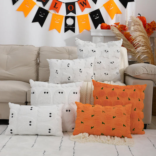 1Pc Halloween Knit Throw Pillow Covers, Traditional Style, 100% Polyester, Hand Wash Only, Geometric Ghost & Pumpkin Embroidery
